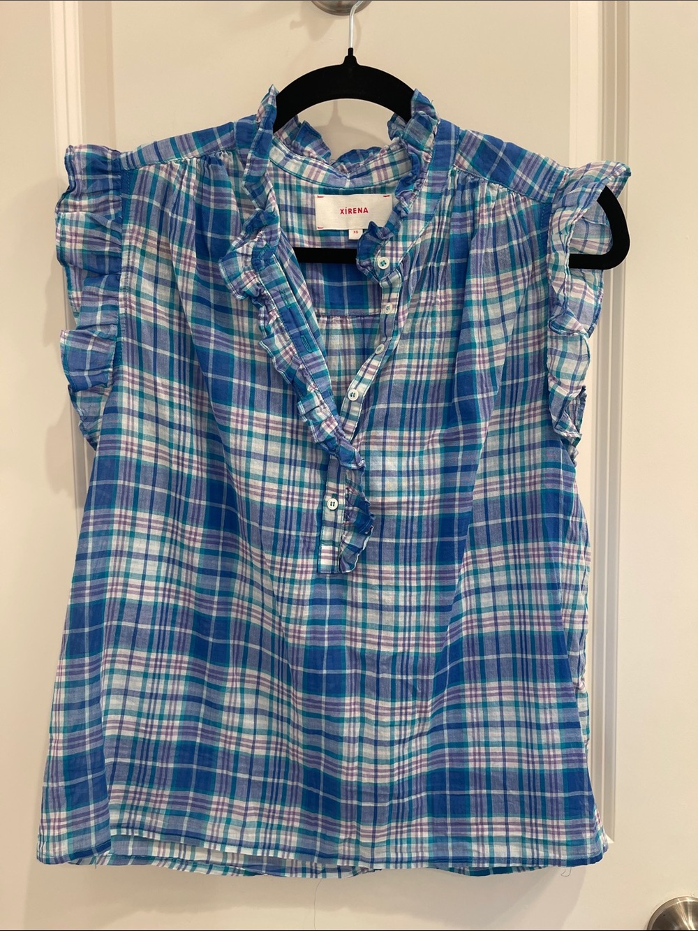 XiRENA Blue Plaid Ruffle Cap-Sleeve Top